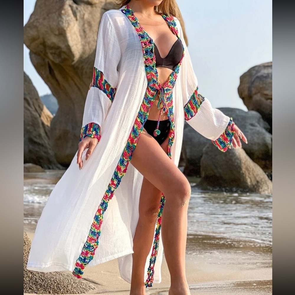 Boho Crochet Trim Kimono Cardi Cover UP White - Picture 1 of 5